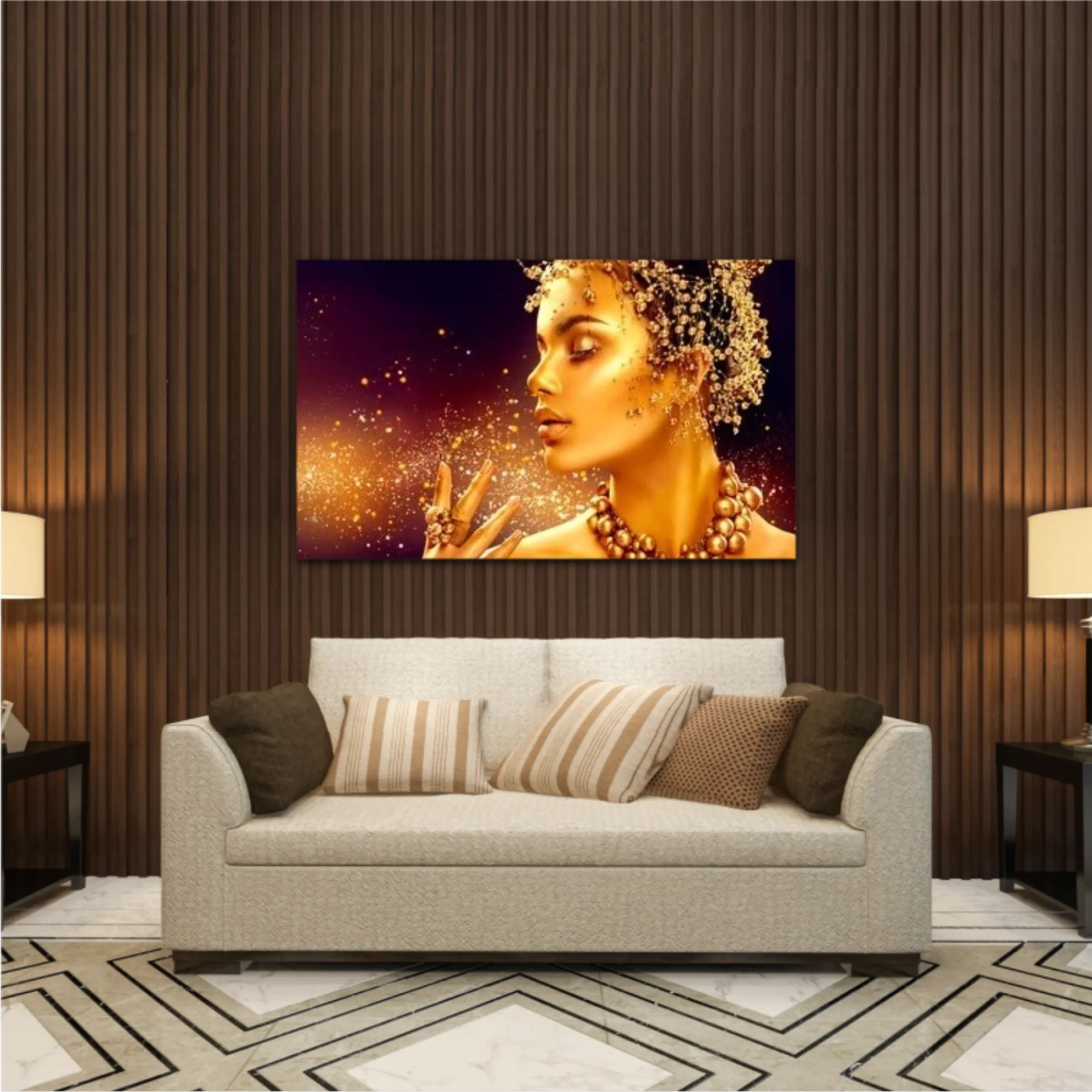 Fashion golden woman blowing sparkles