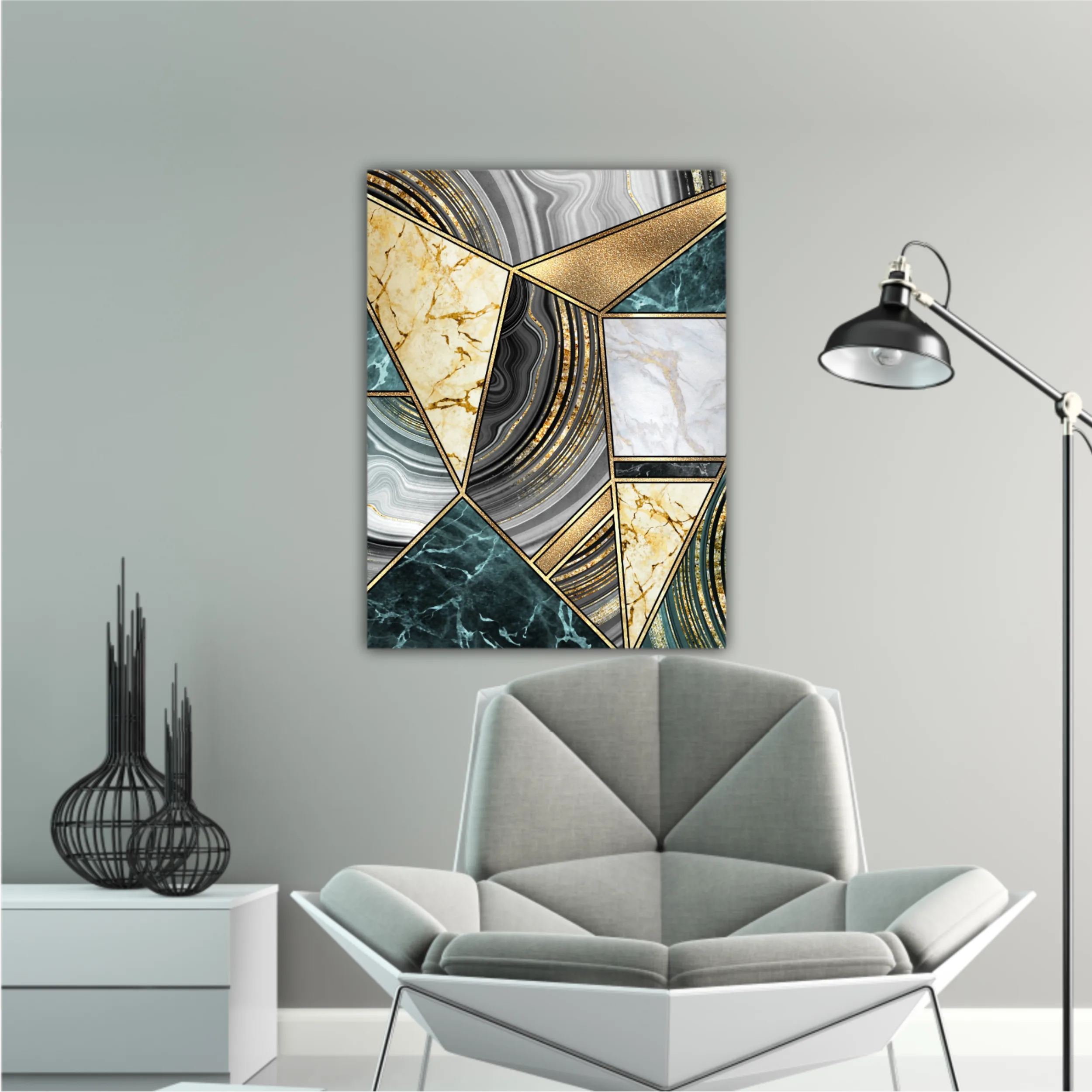 Сreative texture of marble,  modern mosaic inlay, green and gold N3