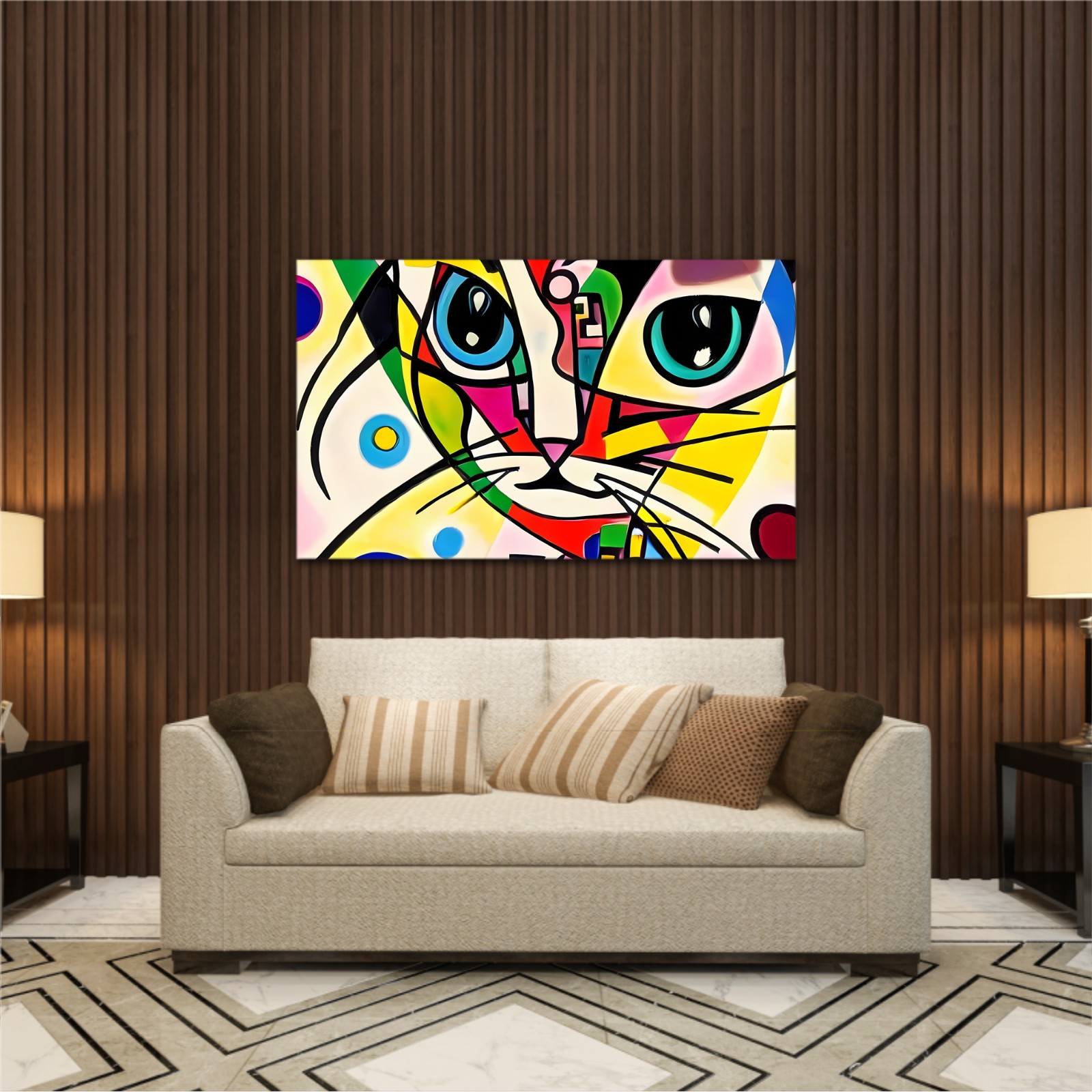 A bright and colorful abstract portrait composition of a cat designed in the style of Kandinsky and the Bauhaus art movement.