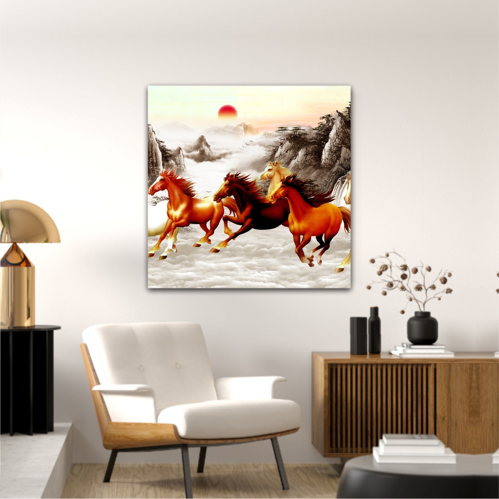 Abstract painting  with galloping horses and a red moon on backround