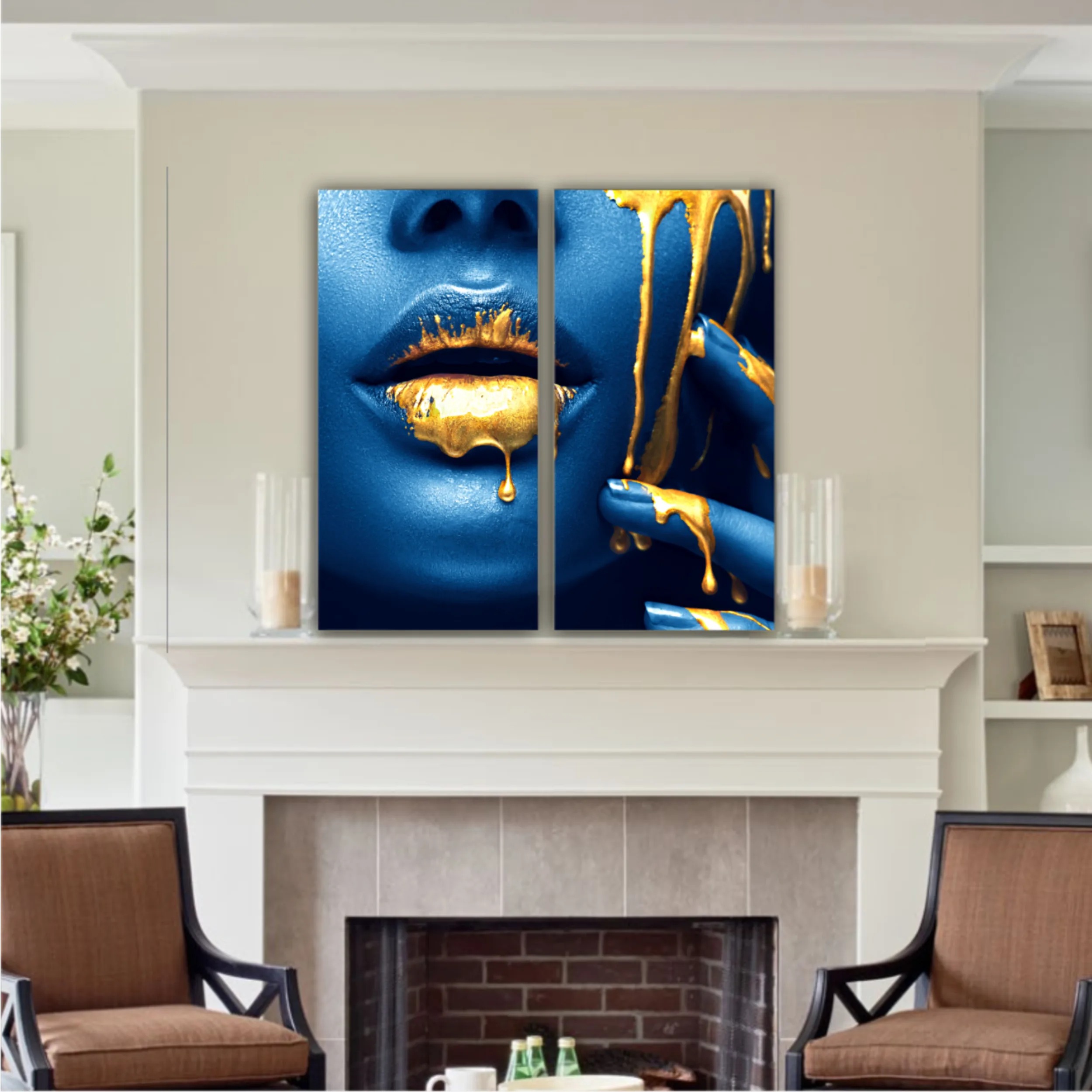 Lipgloss dripping from sexy lips, golden liquid drops on beautiful model girl mouth, gold metallic skin make-up. Beauty woman makeup close up