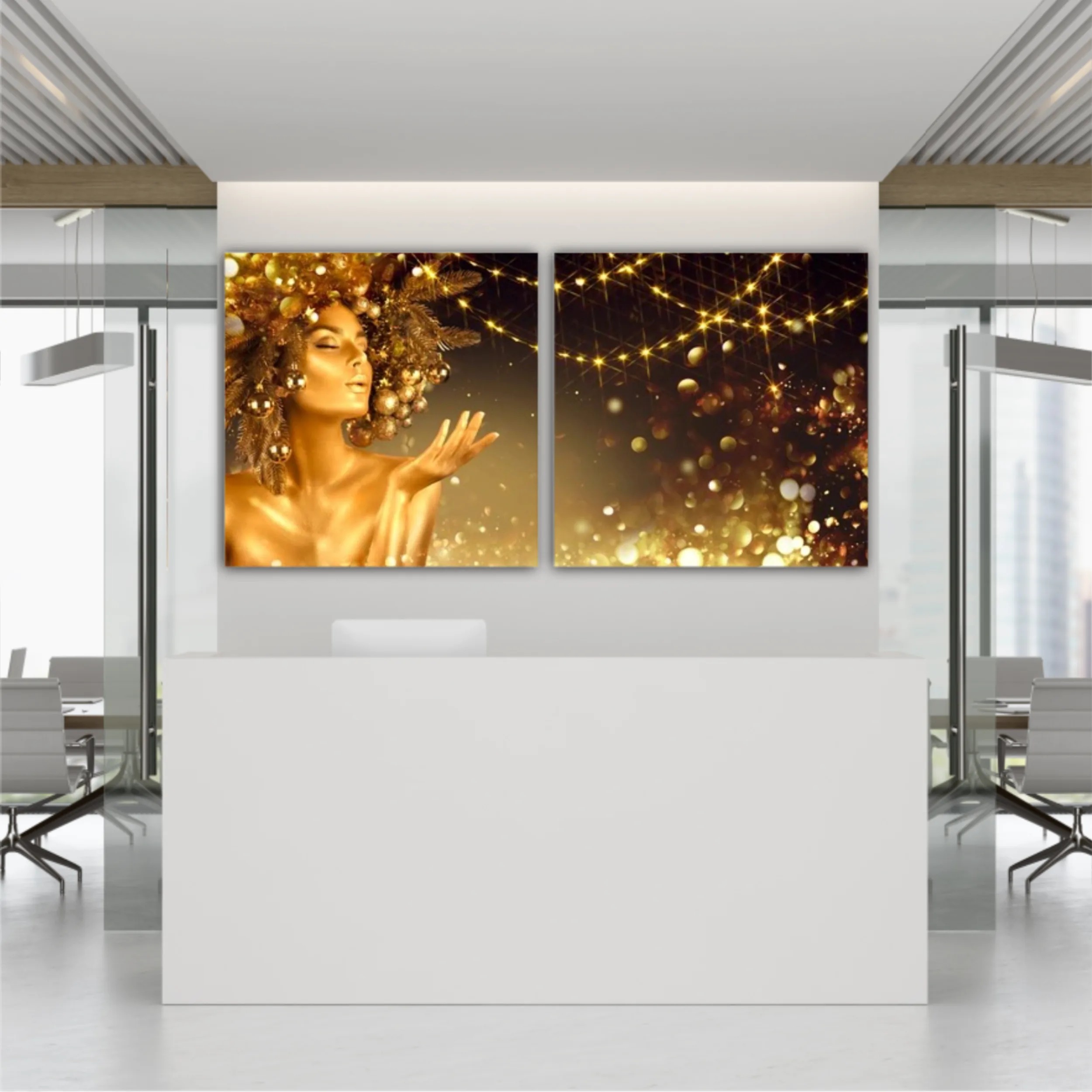 Blowing blinking stars, Beautiful New Year, Christmas Tree Holiday Hairstyle and gold skin Makeup. Gift. Girl in decorated Xmas wreath. Beauty Model