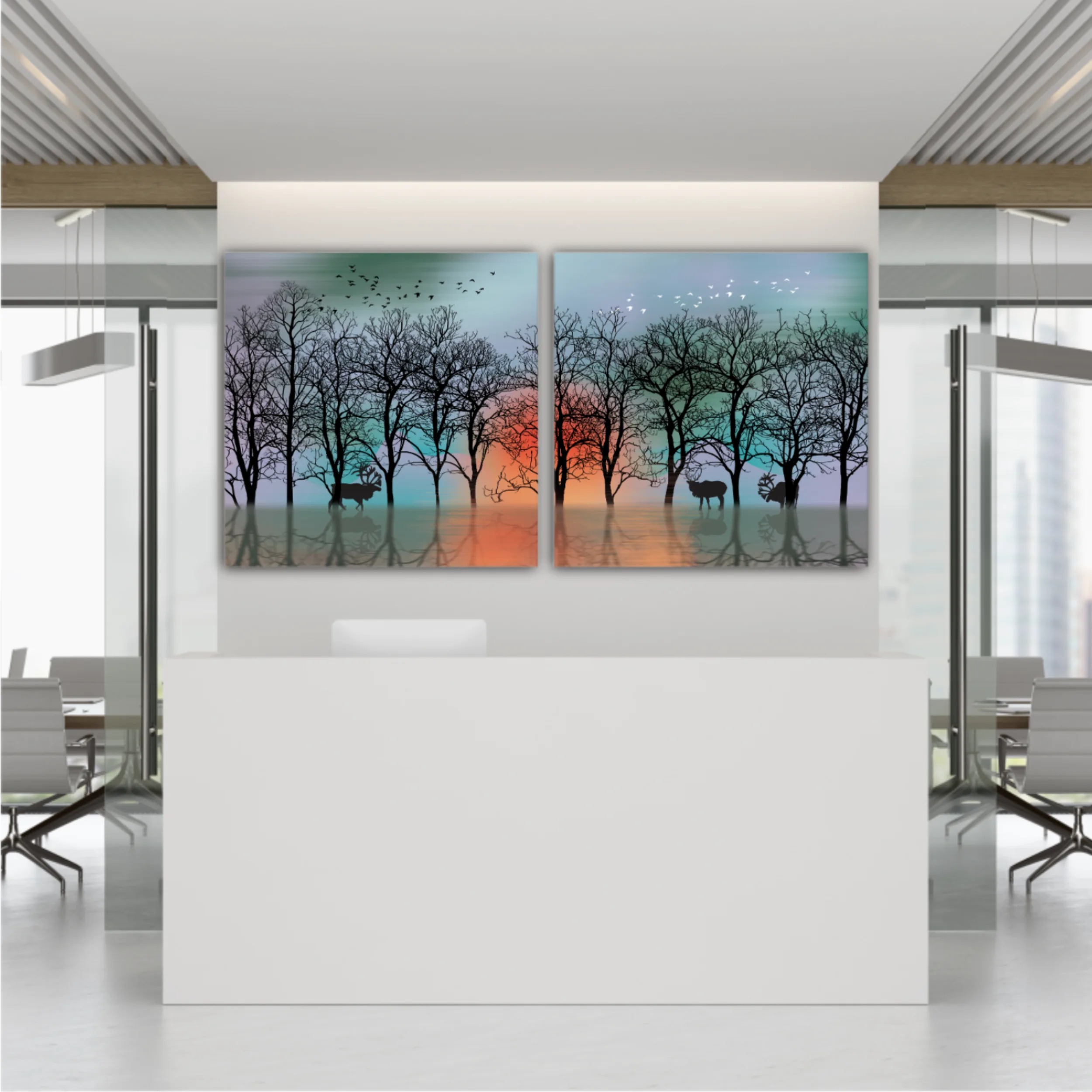 3d illustration of deer and forest, reflection of landscape. Luxurious abstract art digital painting
