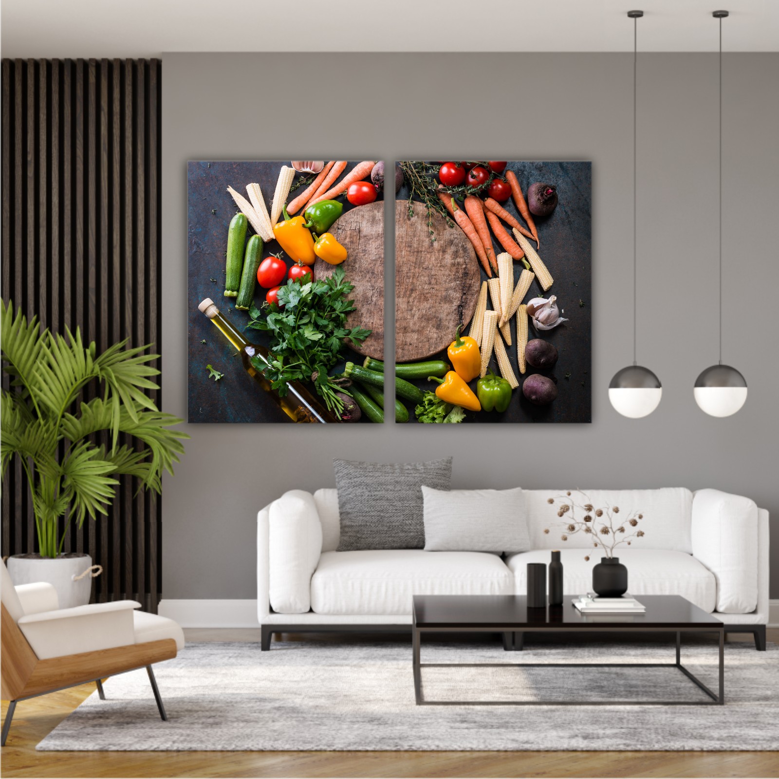 Fresh raw vegetable ingredients for healthy cooking or salad making with rustic wood board in center, top view, copy space. Diet or vegetarian food concept, horizontal composition
