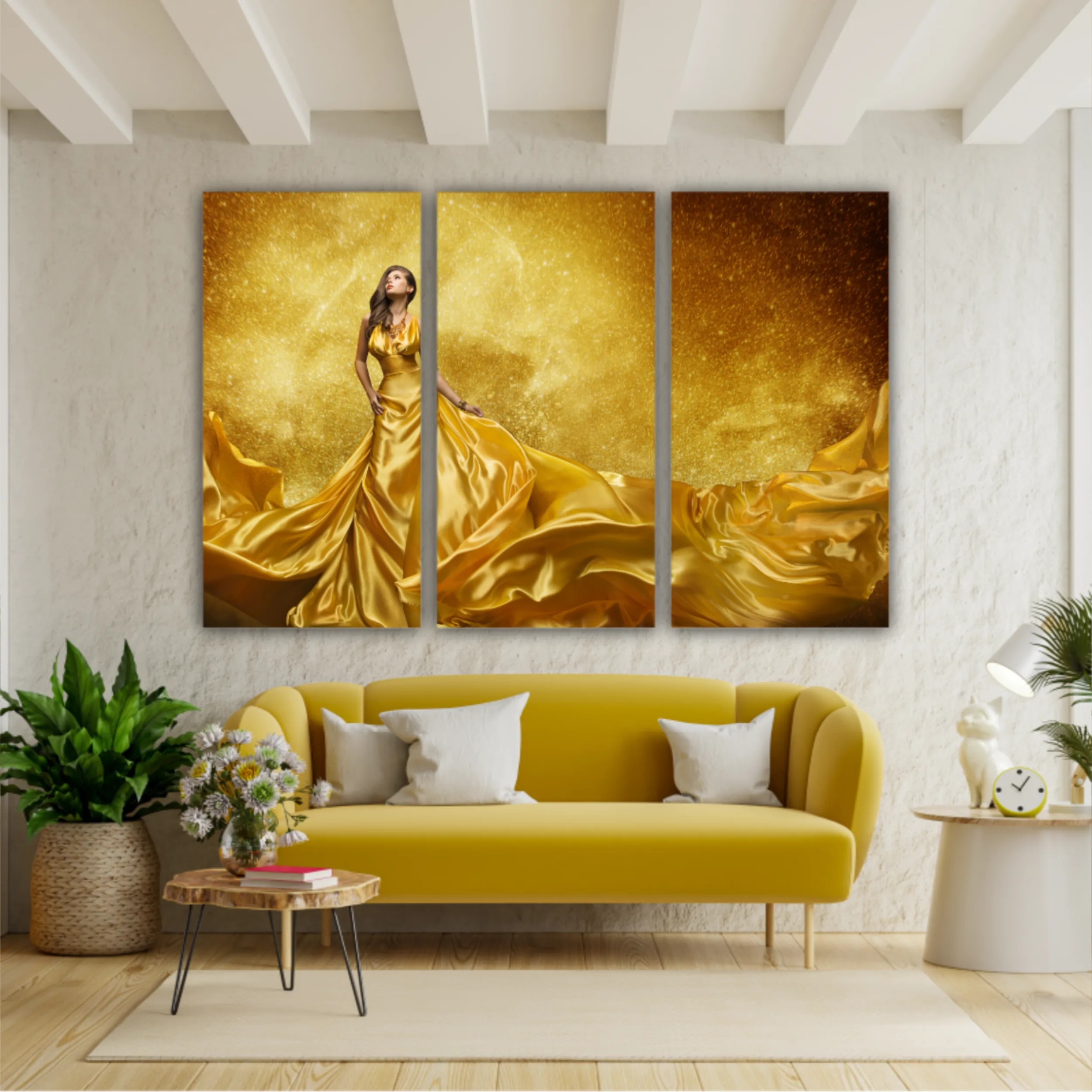 Gold Fashion Model Dress, Woman In Golden Silk Gown Flowing Fabric. Beautiful Girl on Stars Sky looking up