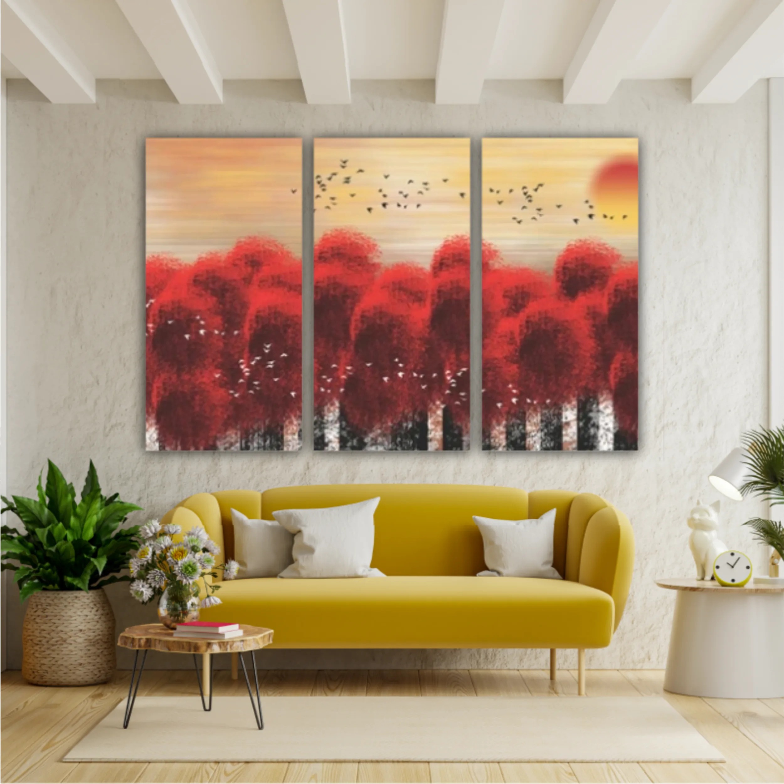 3d illustration image of red tree forest and flock of birds flying in the sky