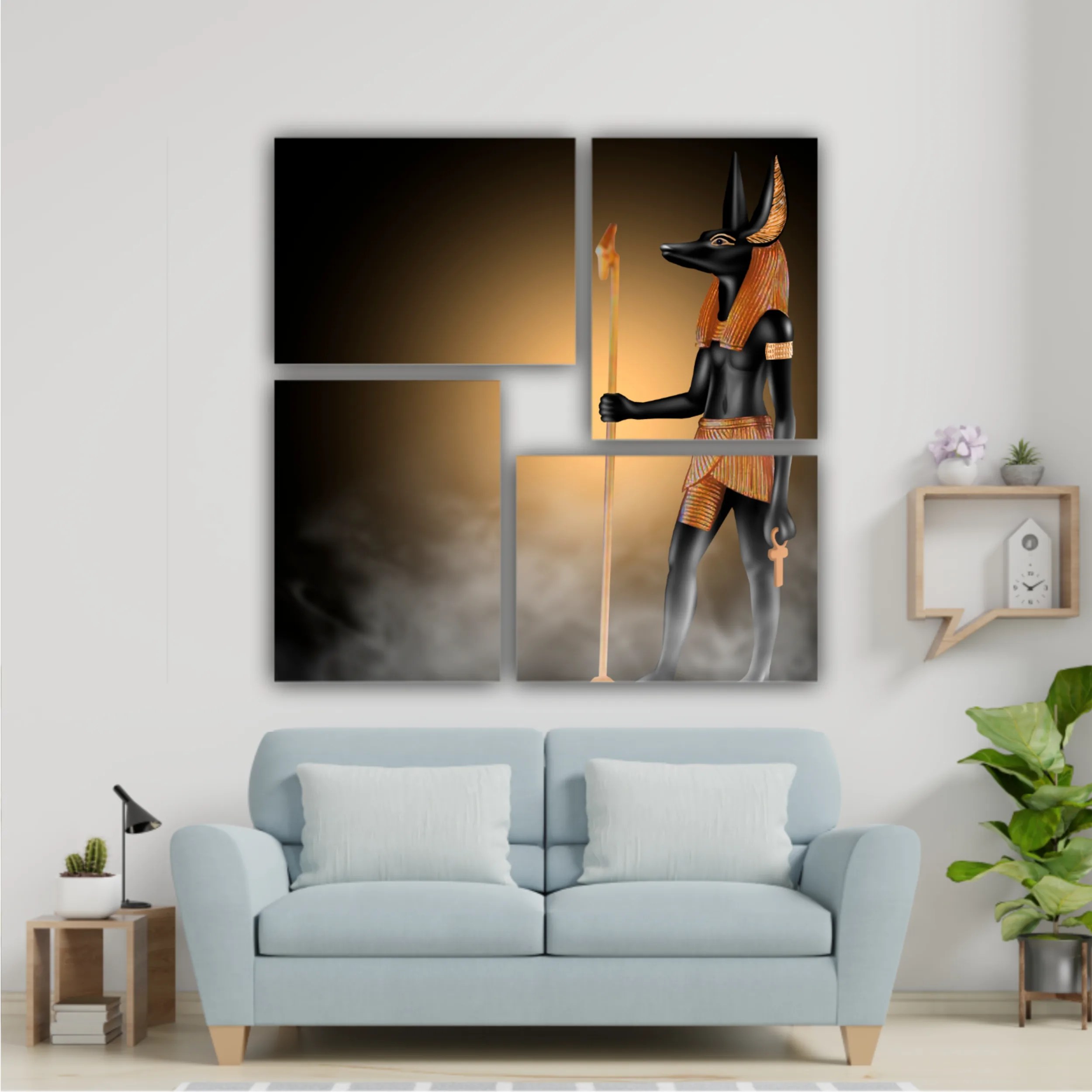 Anubis of Ancient Egypt (God of Death). Dark room with smoke, sparks from lights, rays of light.