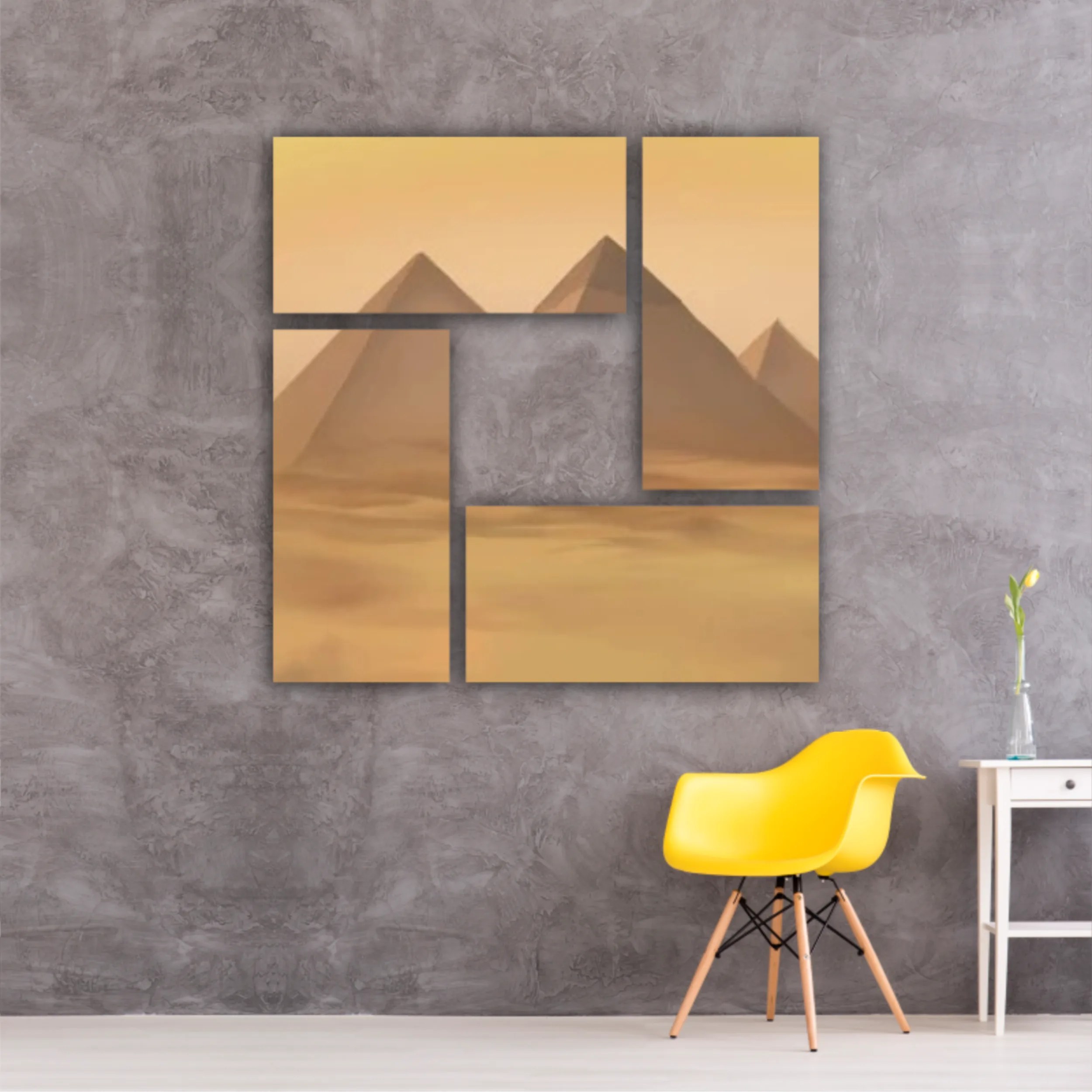 Desert landscape with pyramids. Sandstorm, camel caravan