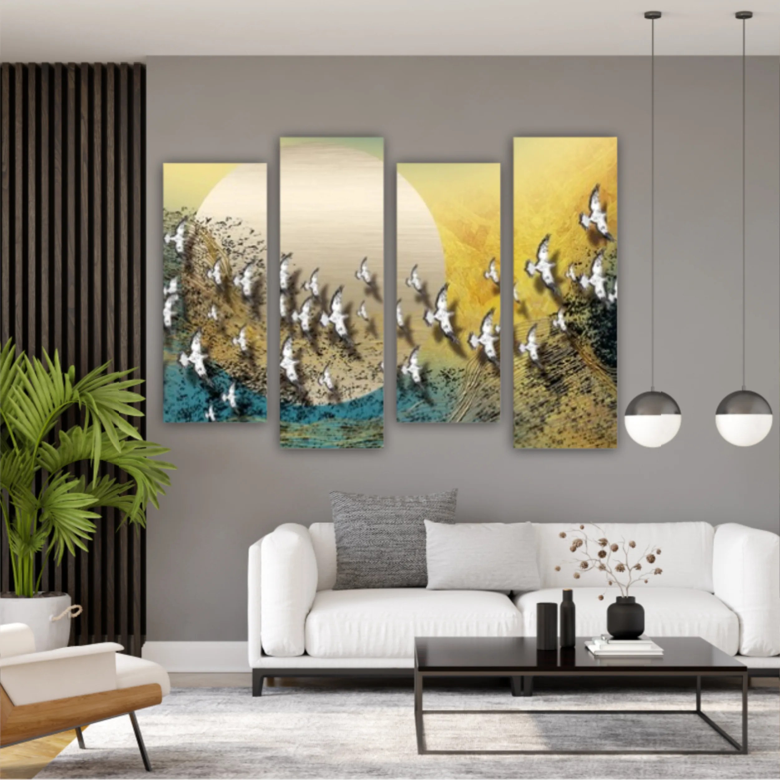 3d illustration of white flock of birds flying over the moon. Luxurious abstract art digital painting