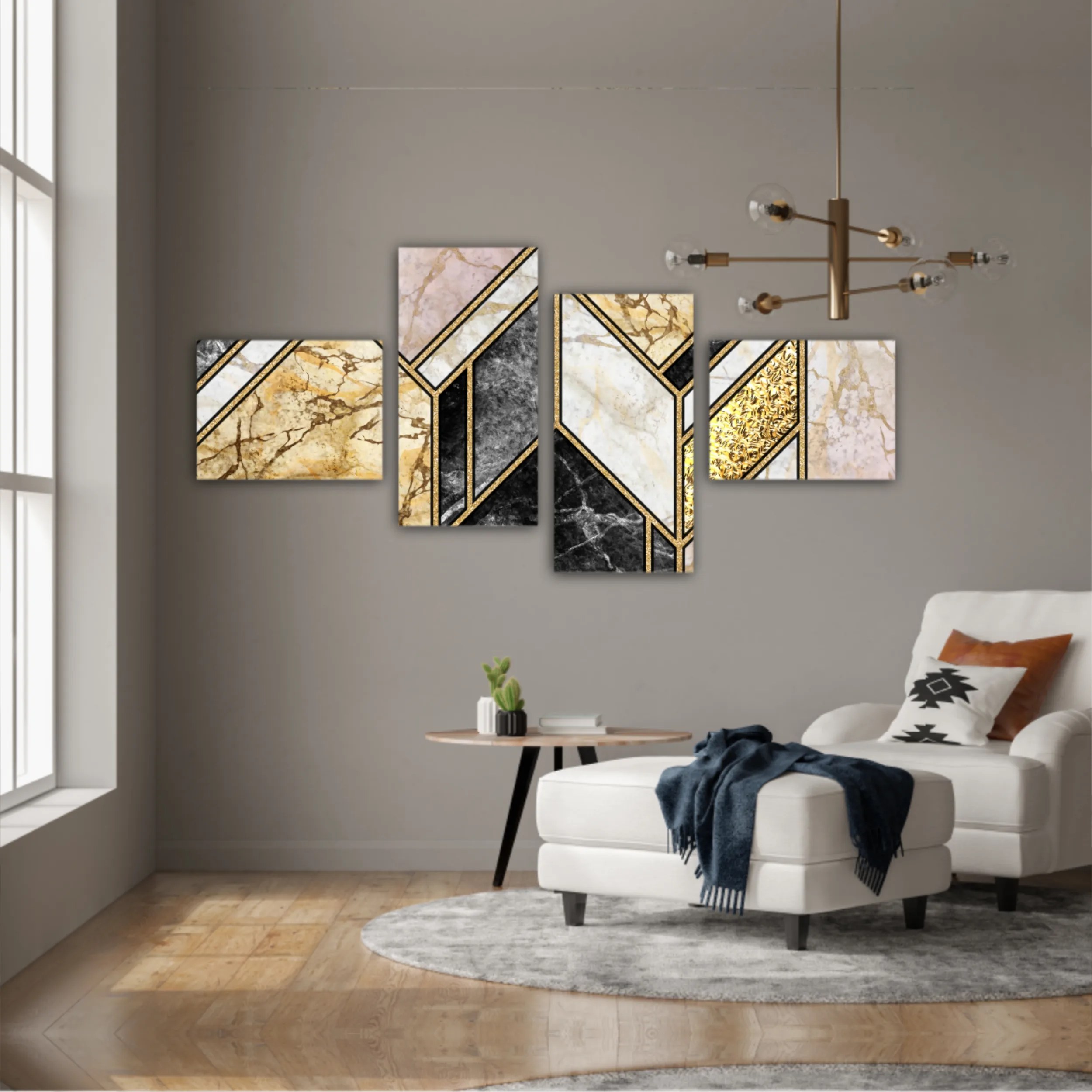 Сreative texture of marble,  modern mosaic inlay, green and gold N5