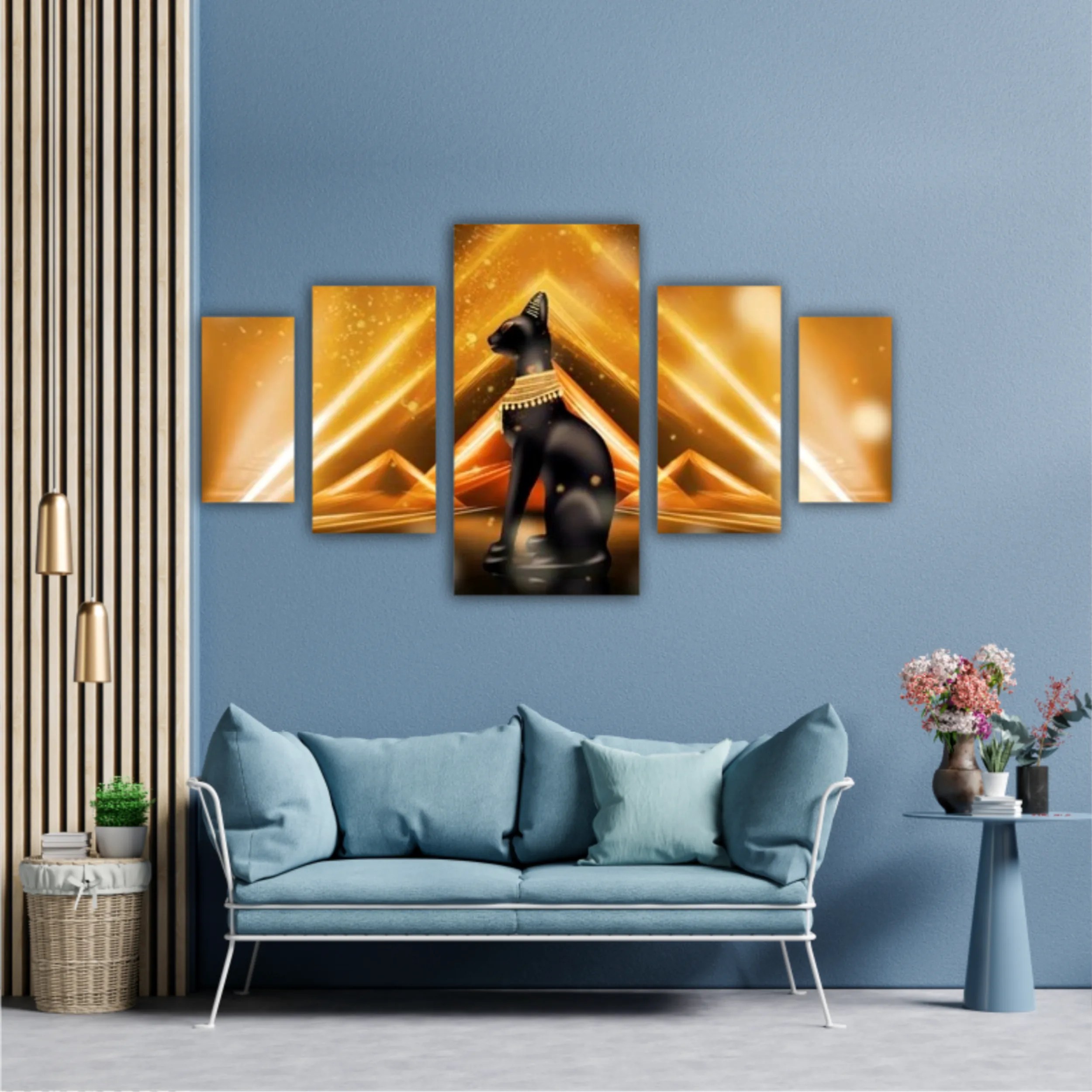 Egyptian background, a hall with columns in the golden light, the rays of light. Egyptian goddess Bastet. Background Ancient Egypt. 3D illustration