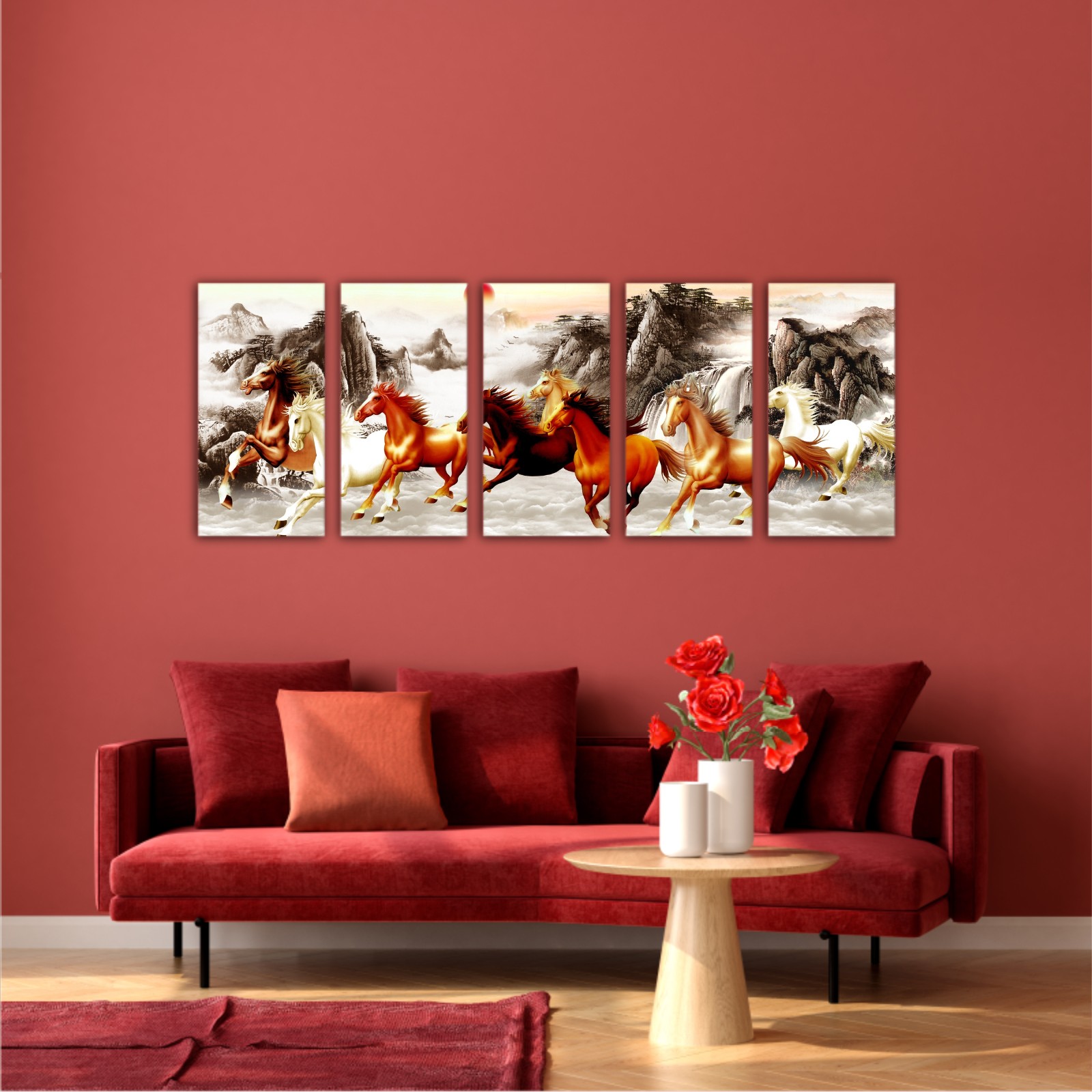 Abstract painting  with galloping horses and a red moon on backround