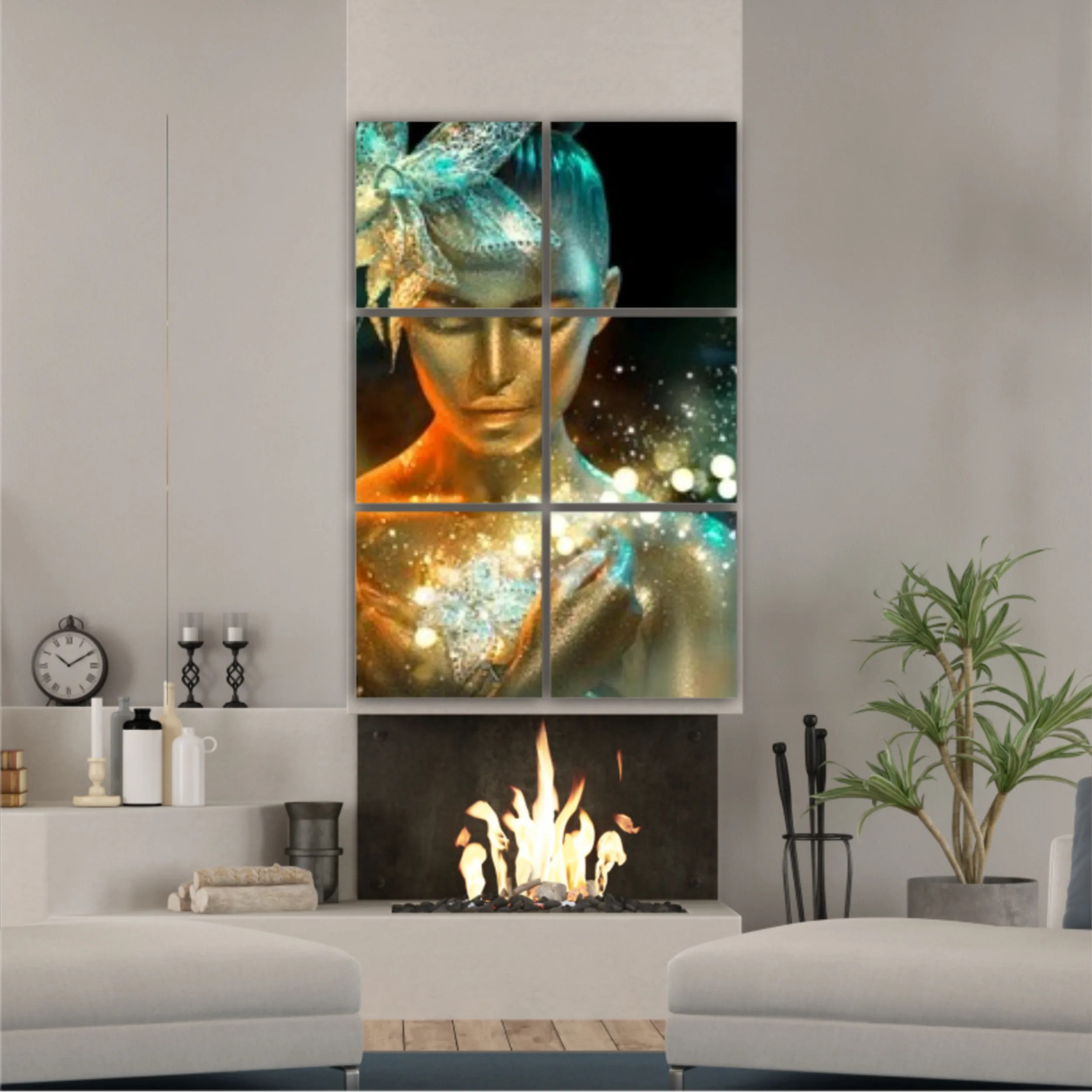 High Fashion model woman in colorful bright golden sparkles and neon lights posing with fantasy flower, portrait of beautiful girl glowing make-up