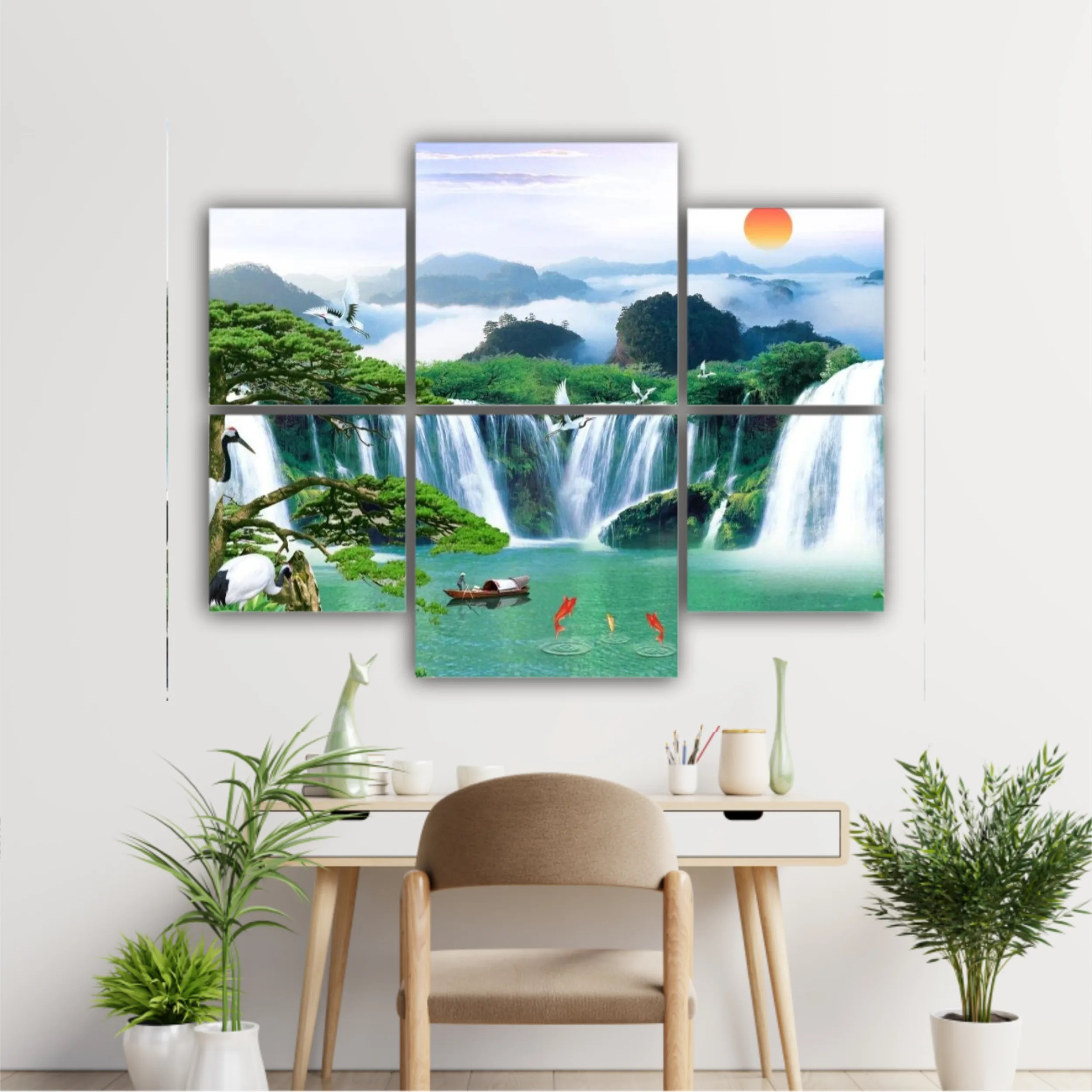 3d illustration of forest waterfall and bird