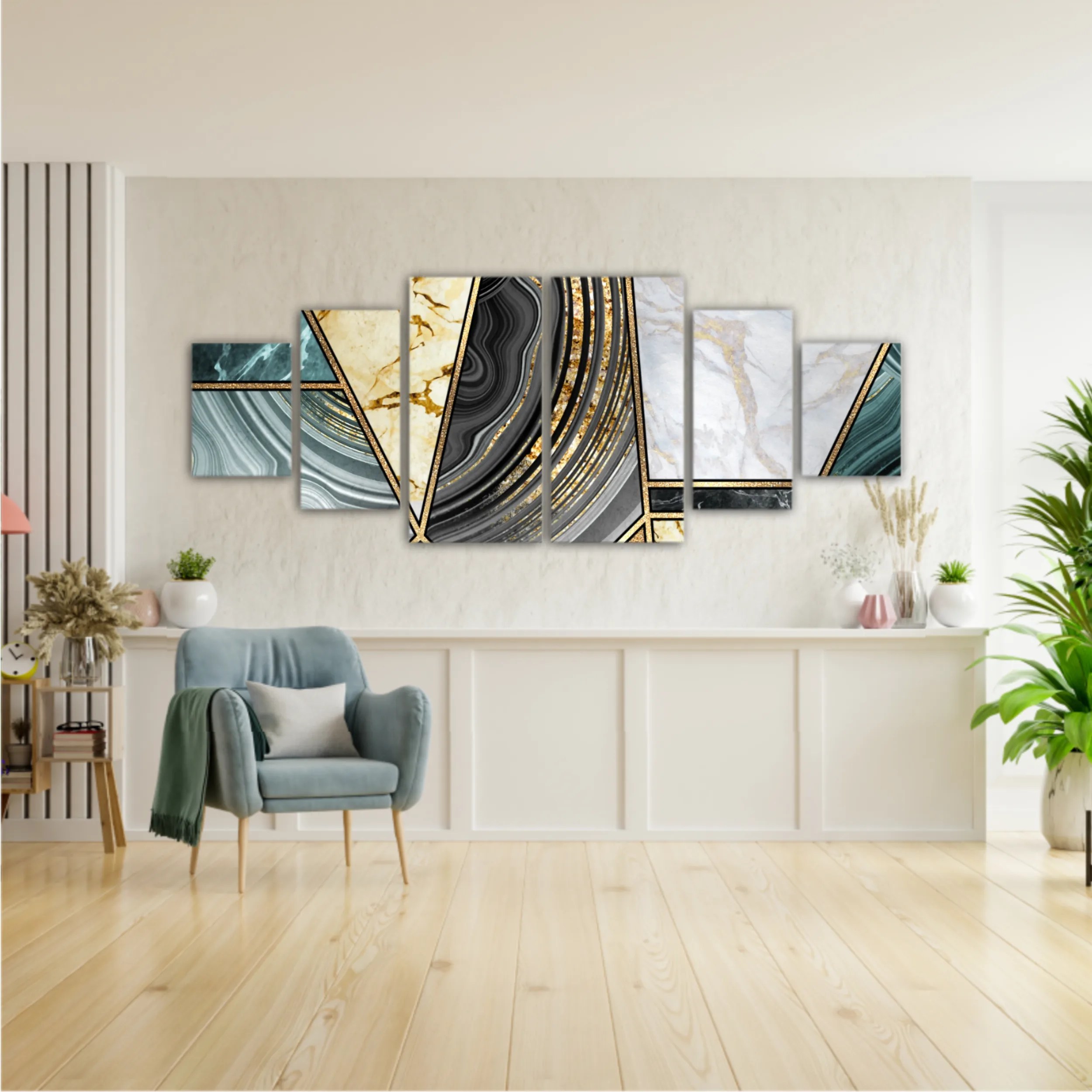 Сreative texture of marble,  modern mosaic inlay, green and gold N3