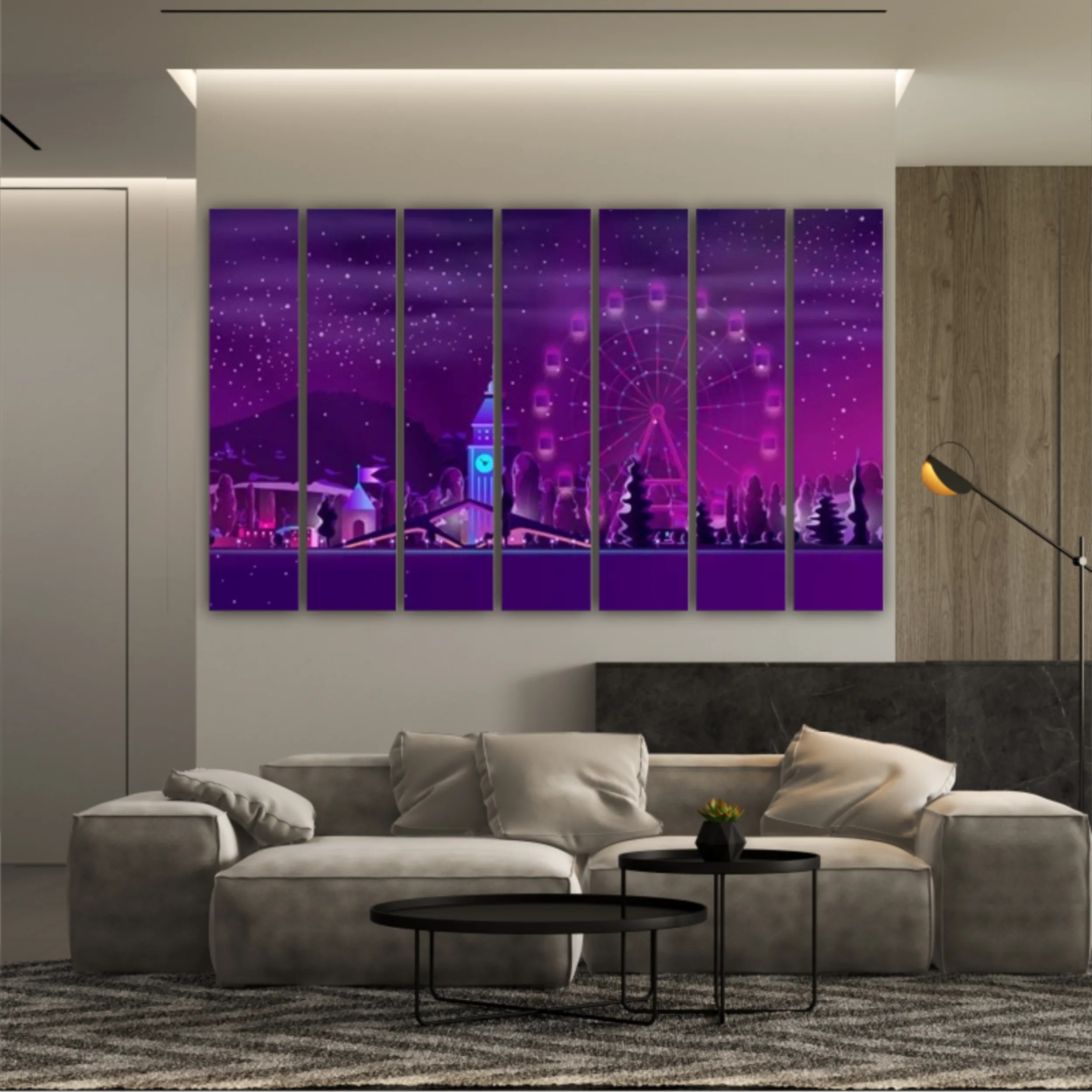 Illuminated buildings, clock tower, Ferris wheel on seashore surrounded snow-capped forest and mountains illustration