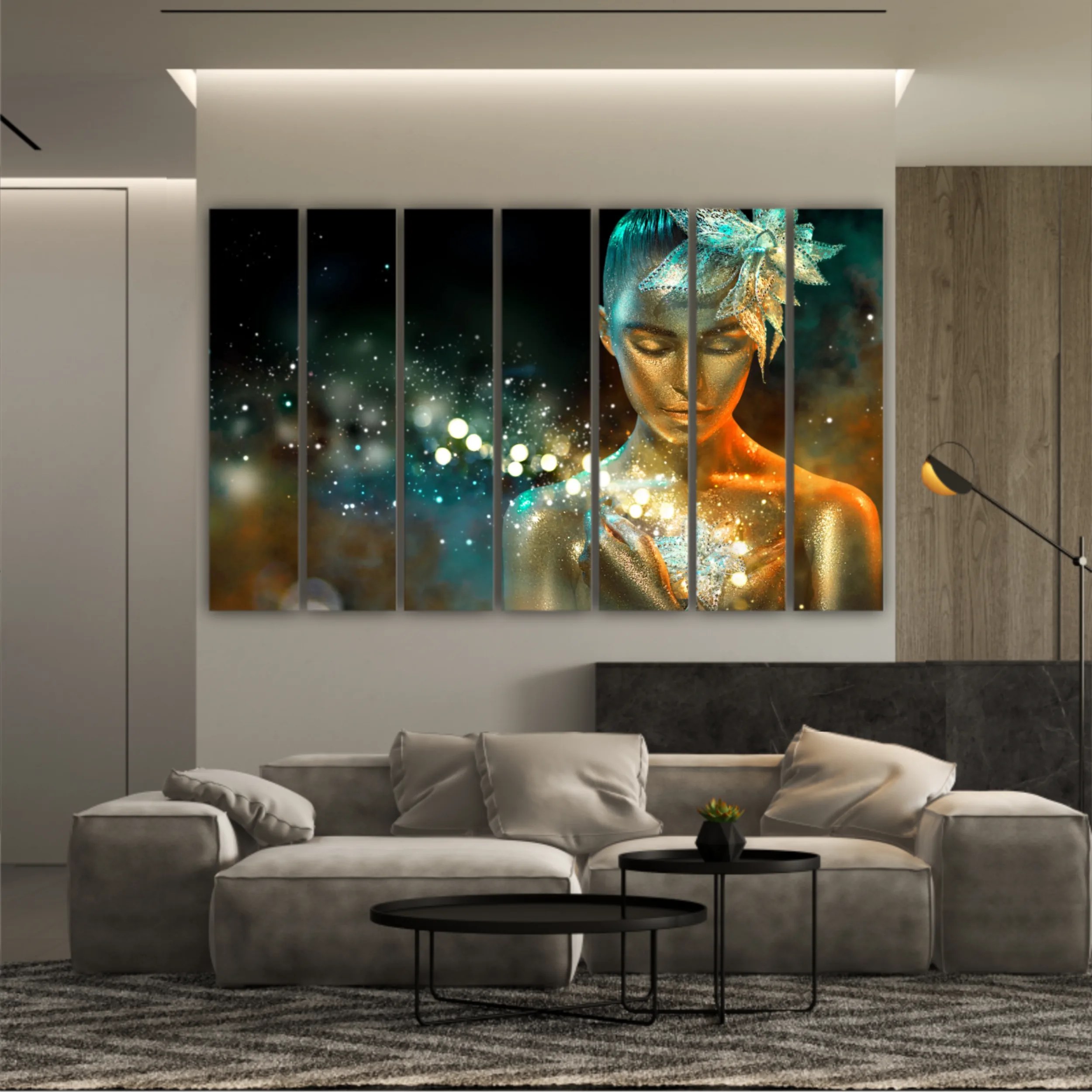 High Fashion model woman in colorful bright golden sparkles and neon lights posing with fantasy flower, portrait of beautiful girl glowing make-up