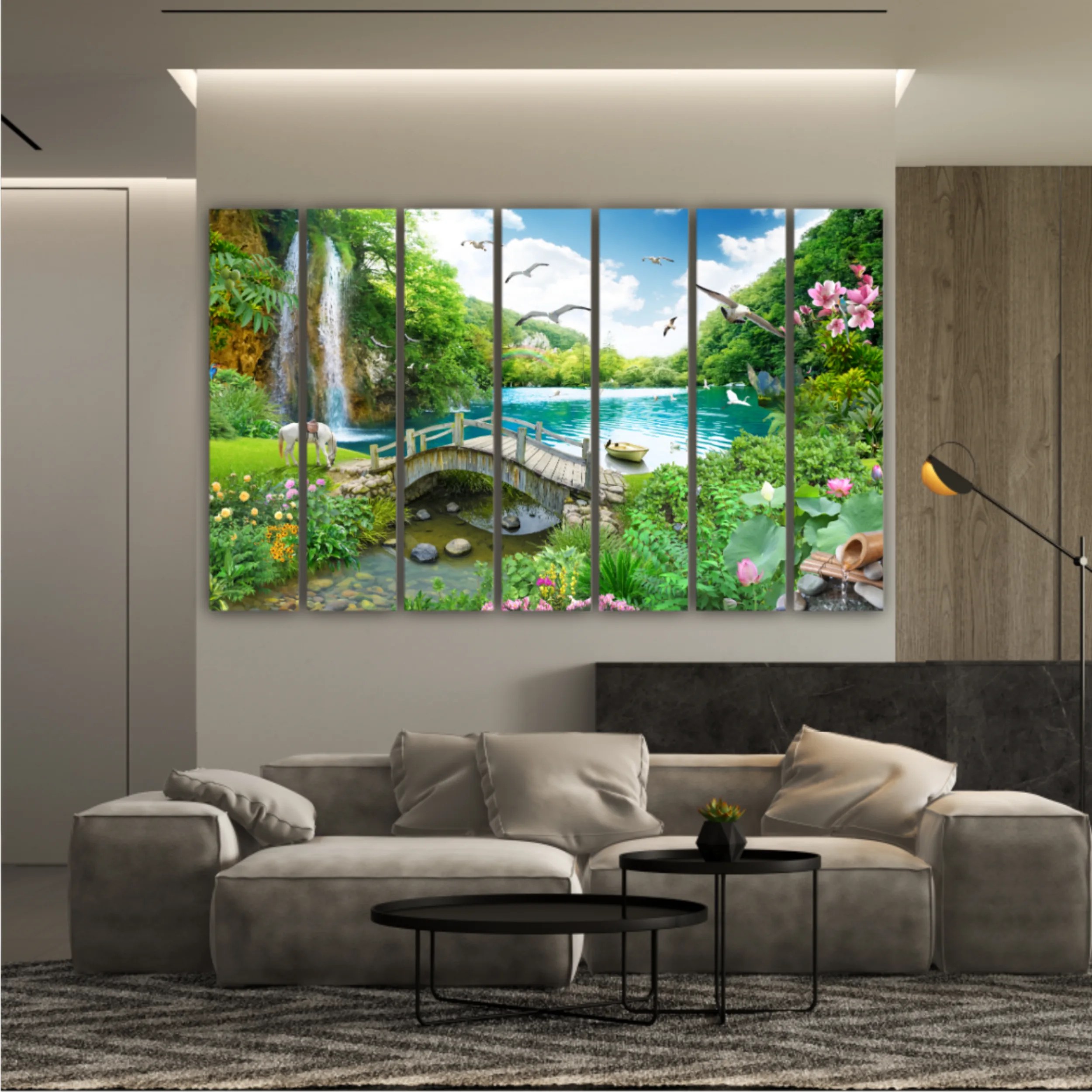 tropical view with waterfall, lake, bird, white horse and wood bridge
