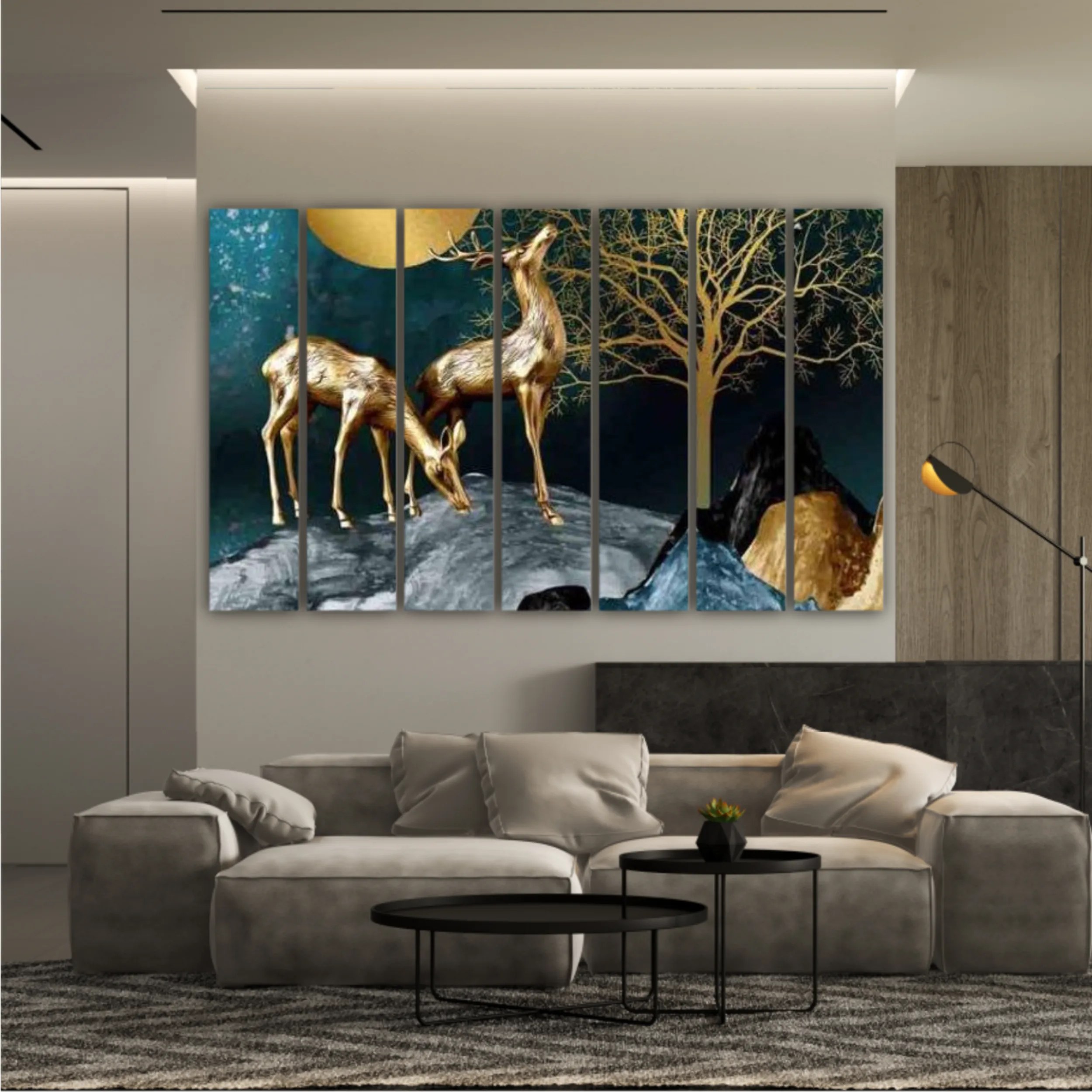 3d illustration of golden deer in the mountain. Luxurious abstract art digital painting