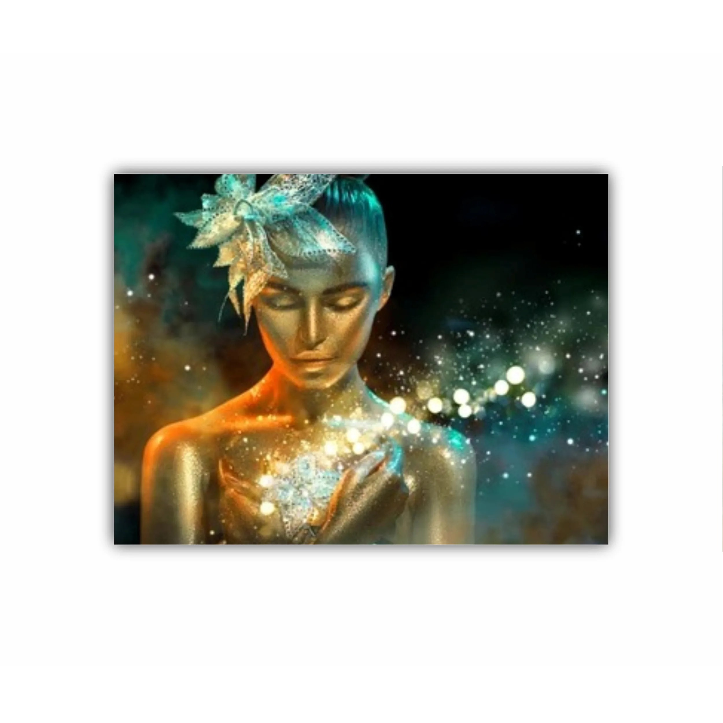 High Fashion model woman in colorful bright golden sparkles and neon lights posing with fantasy flower, portrait of beautiful girl glowing make-up