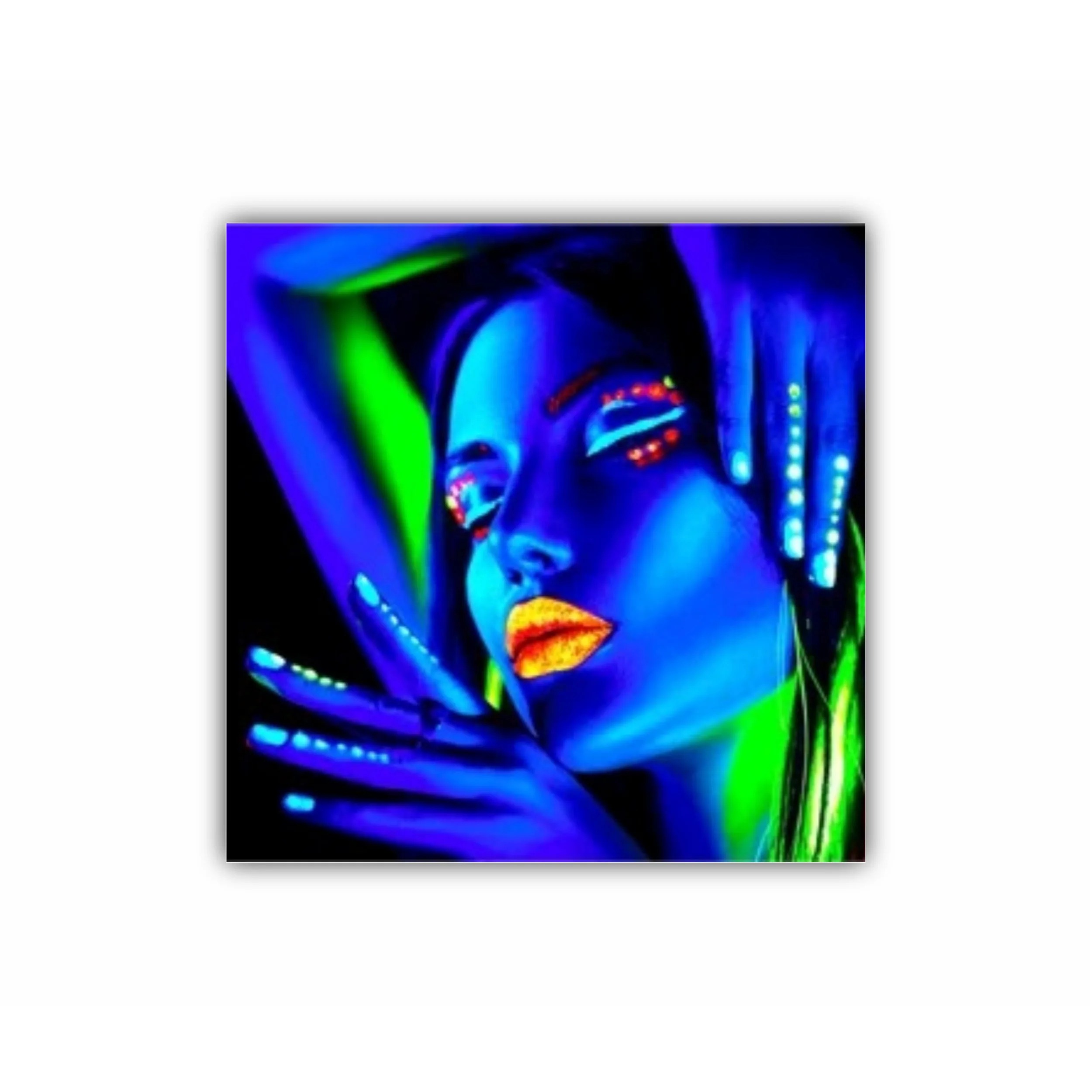 Portrait of beautiful model girl with fluorescent make-up, Body Art design in UV, painted face, colorful make up, over black background