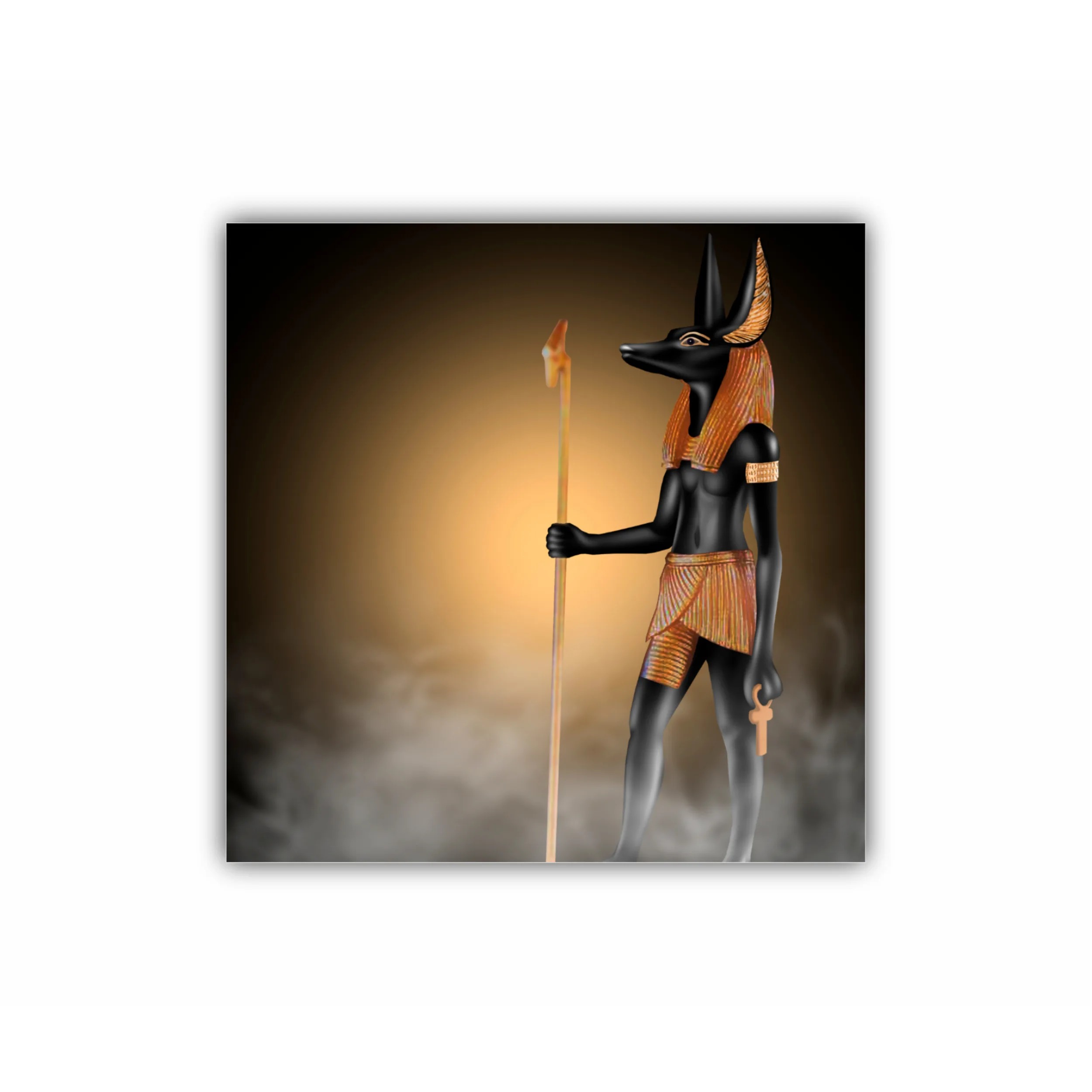 Anubis of Ancient Egypt (God of Death). Dark room with smoke, sparks from lights, rays of light.