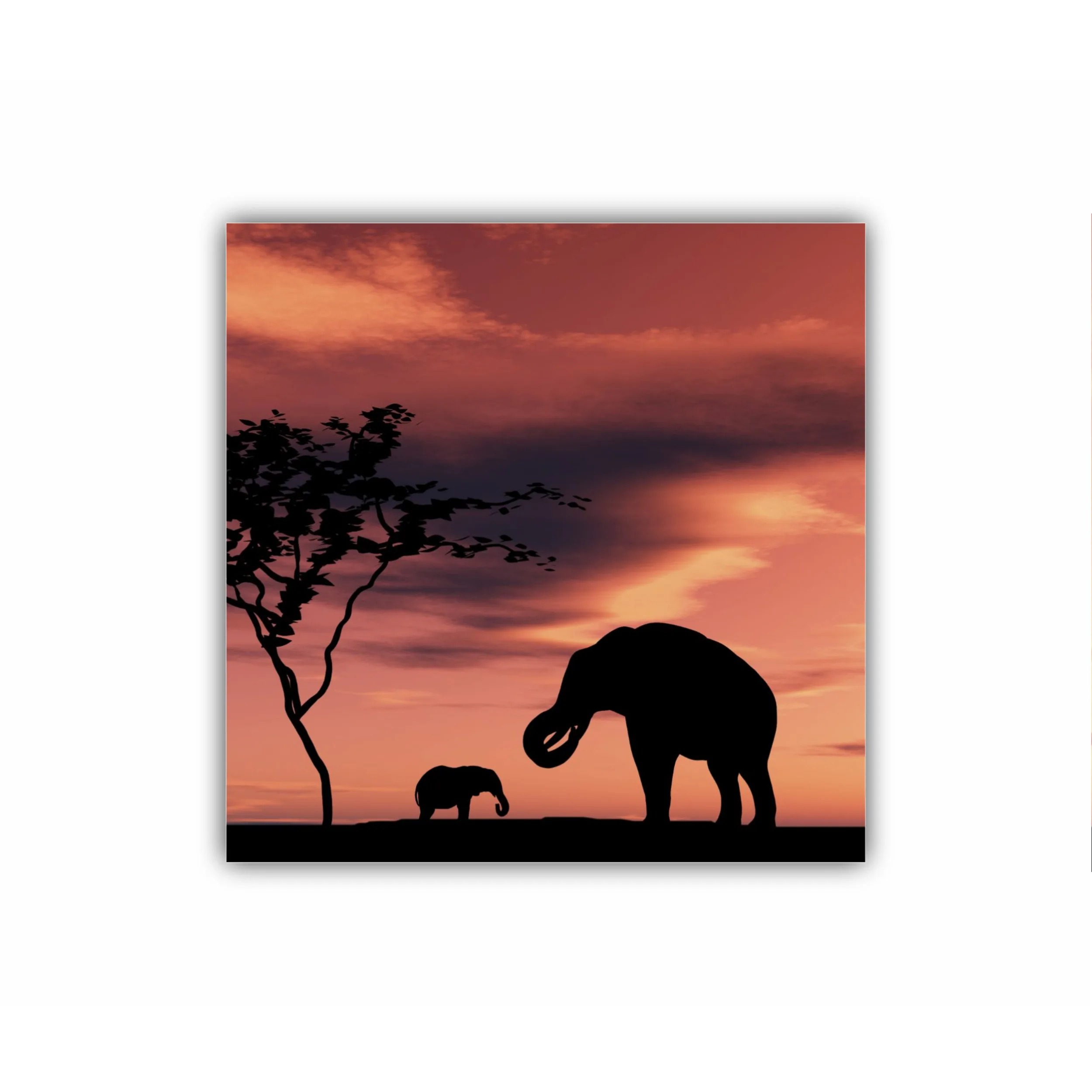 Black elephant silhouettes by a river