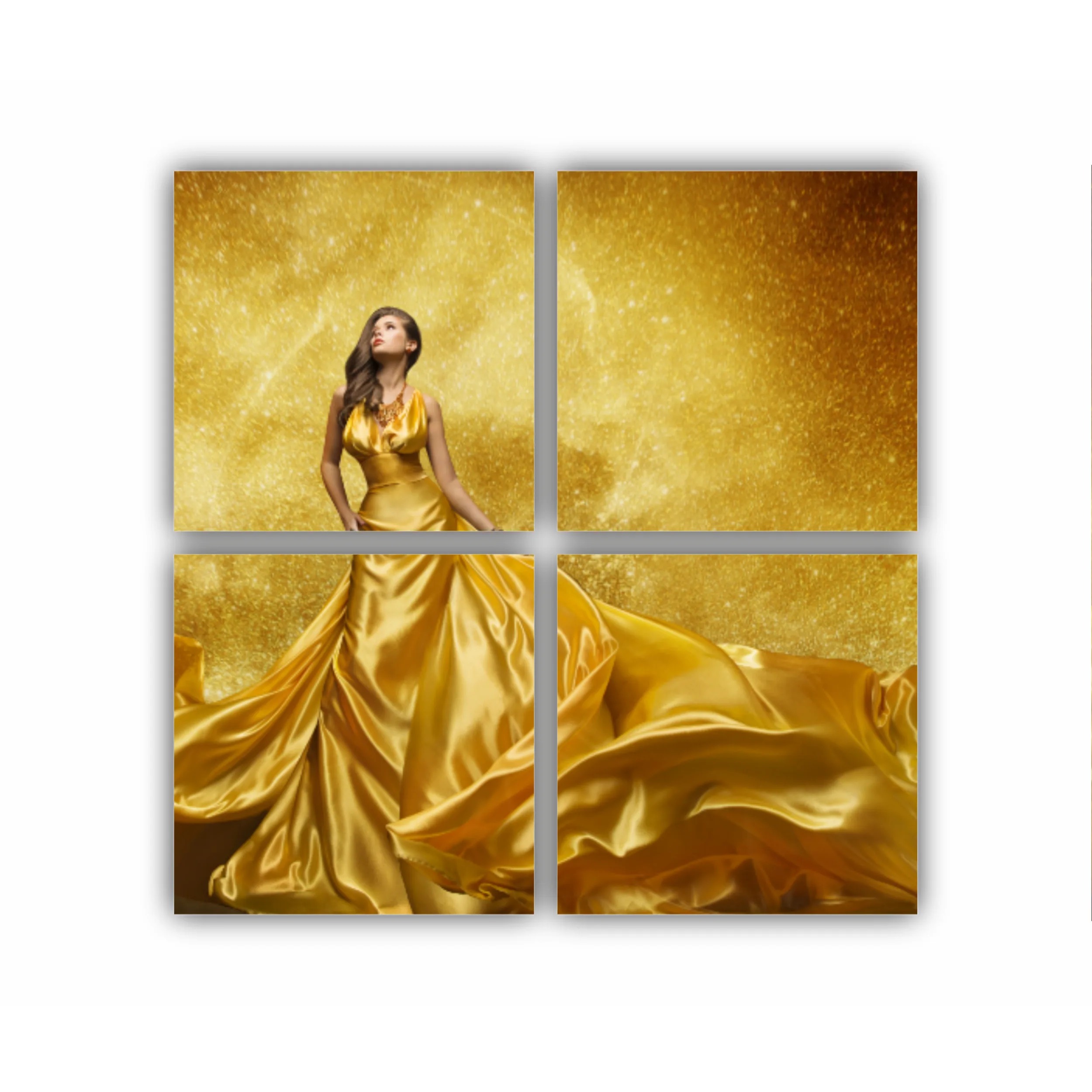GOLD FASHION - Rochie Aurie - Femeie In Rochie De Matase Aurie Tesatura Fluturi
