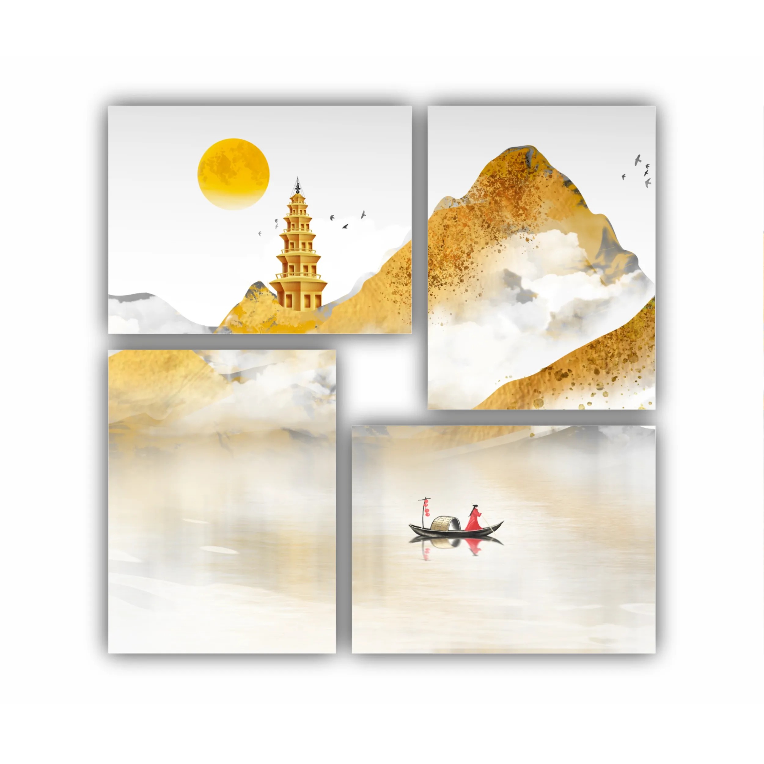Pictura de peisaj auriu in stil chinezesc