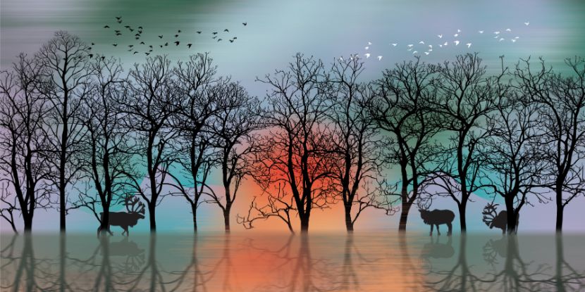 Ilustratie 3D a caprioarelor si padurii - reflectarea peisajului